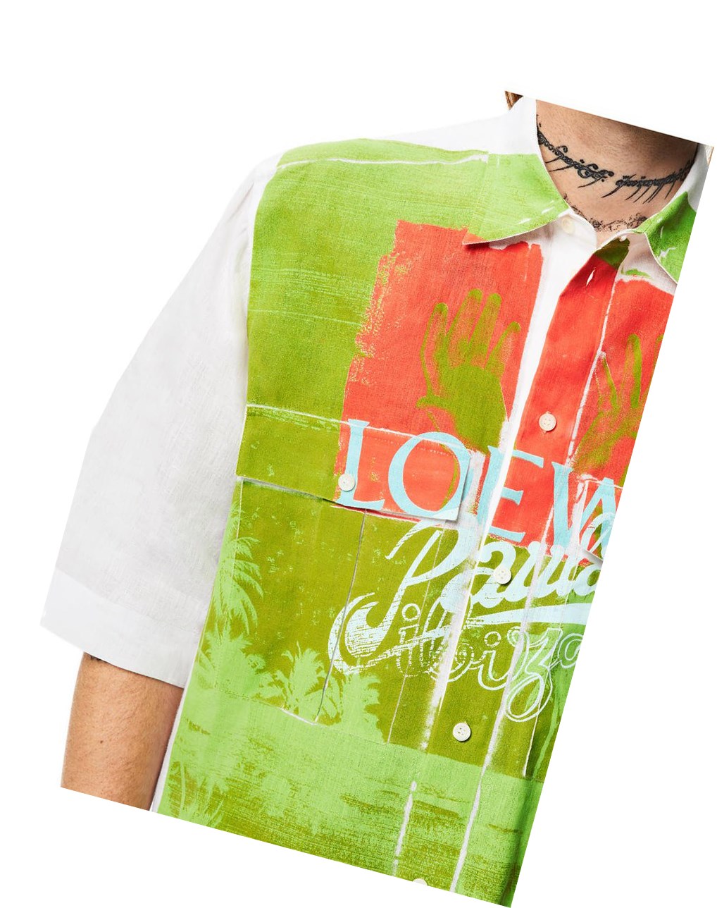 Loewe Palm print short sleeve shirt in linen Blancos Multicolor | QVOBU-6873