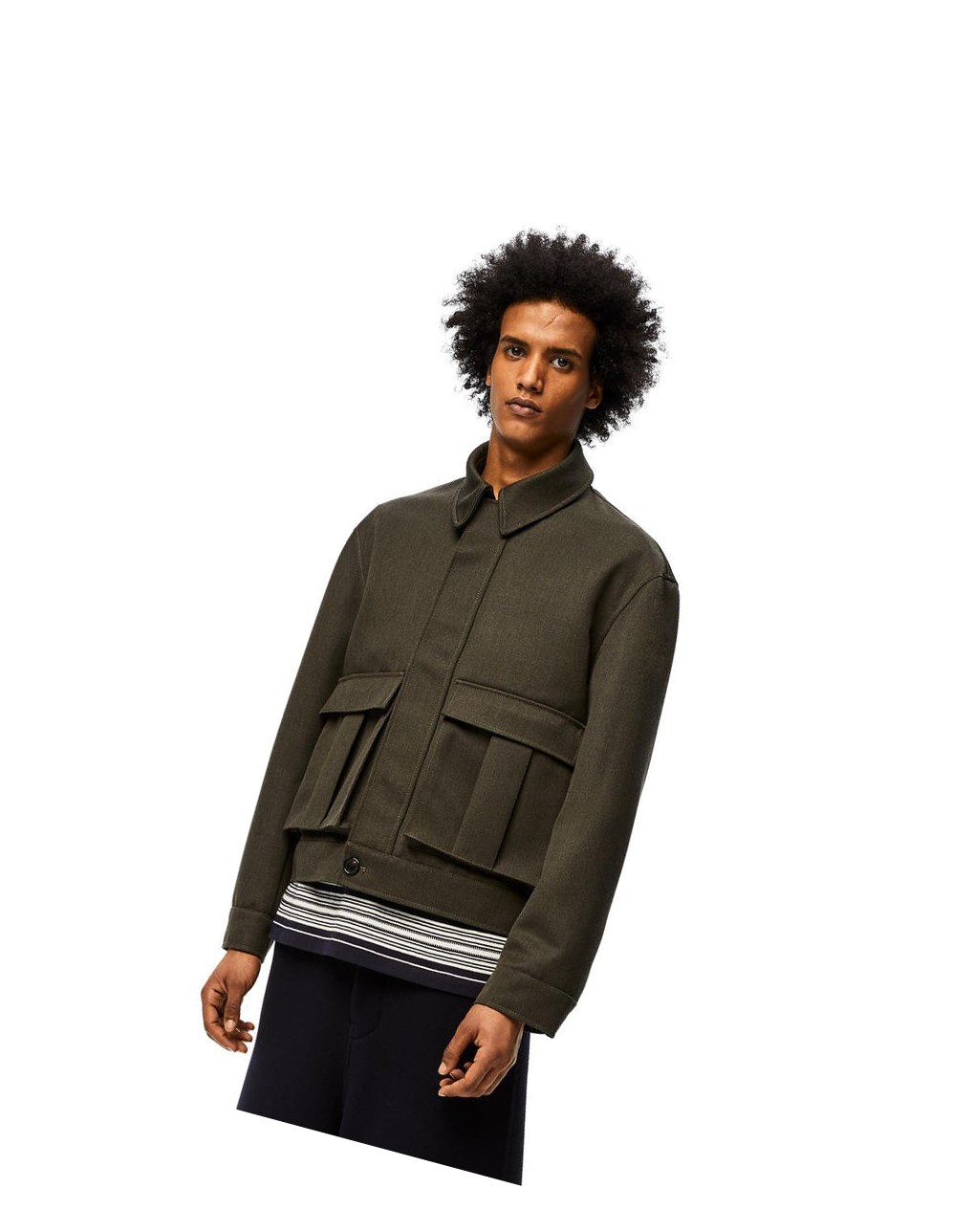 Loewe Patch pocket zip jacket in wool Kaki Verdes | HZIPX-5369