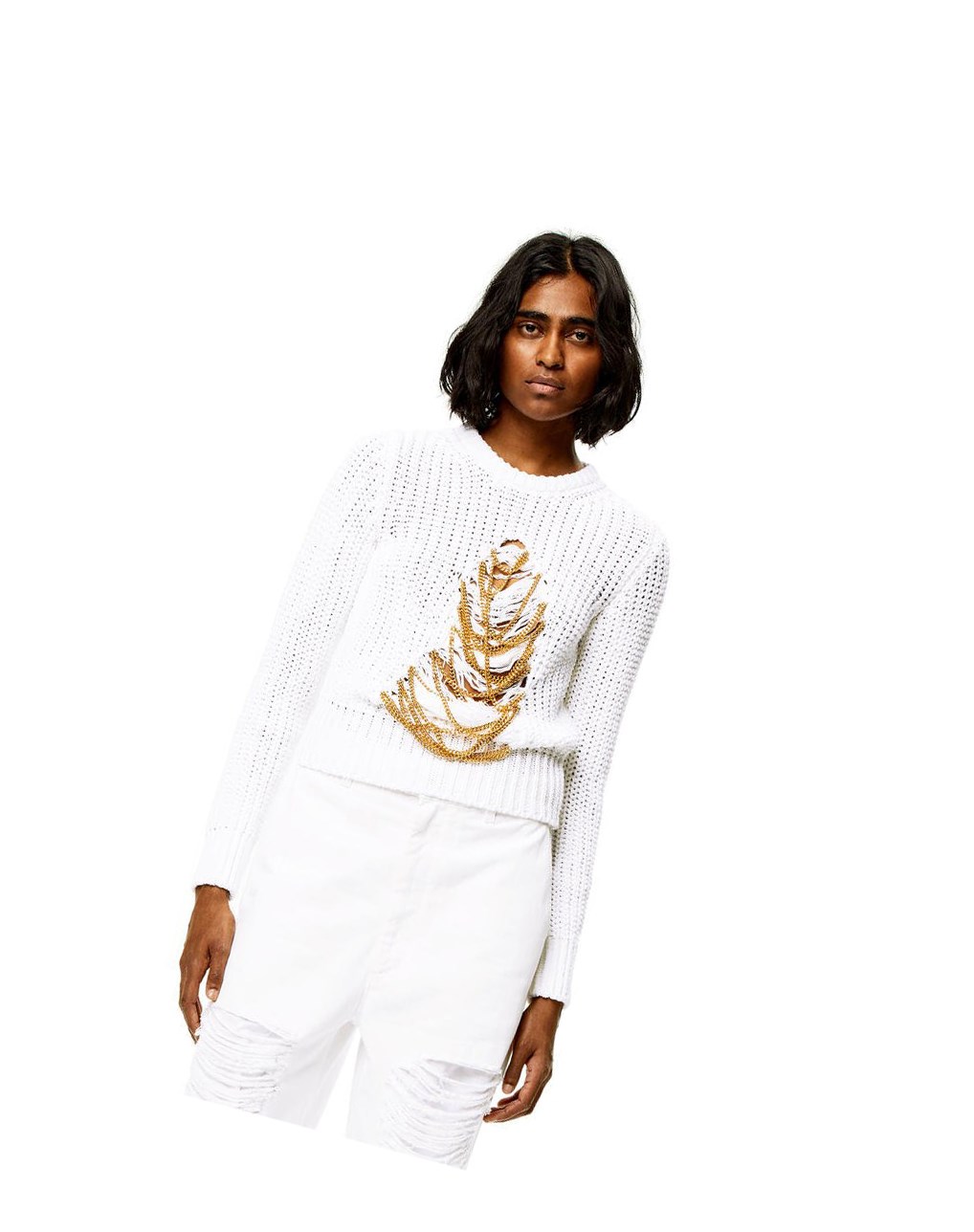 Loewe Ripped chain sweater in hem and linen Blancos | GMNUR-3219