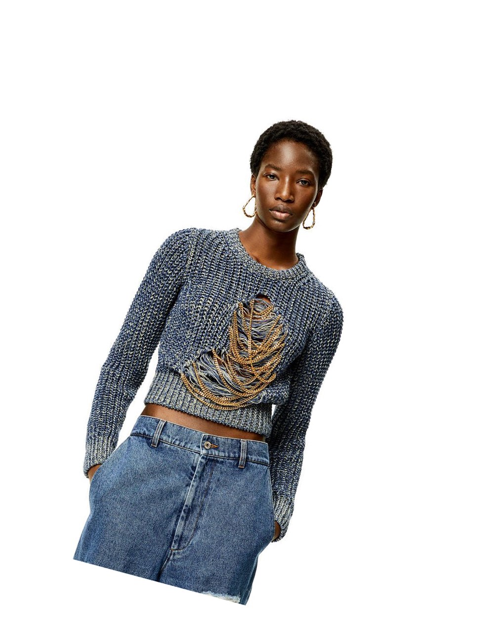 Loewe Ripped chain sweater in hemp and linen Azules | GZAUR-7153