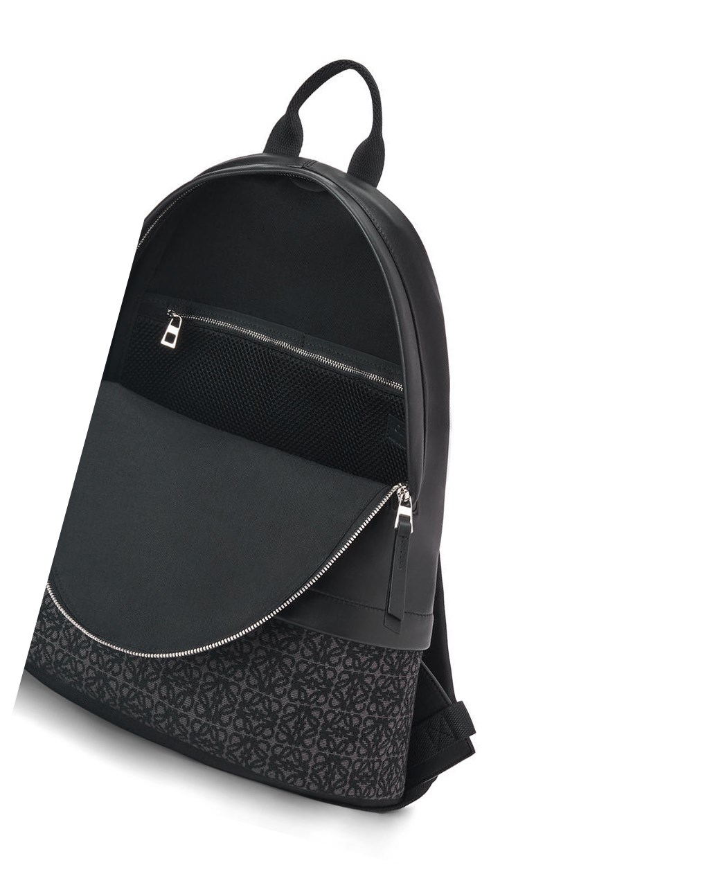 Loewe Round Slim Backpack in calfskin and Anagram jacquard Negros | XOCKA-8930