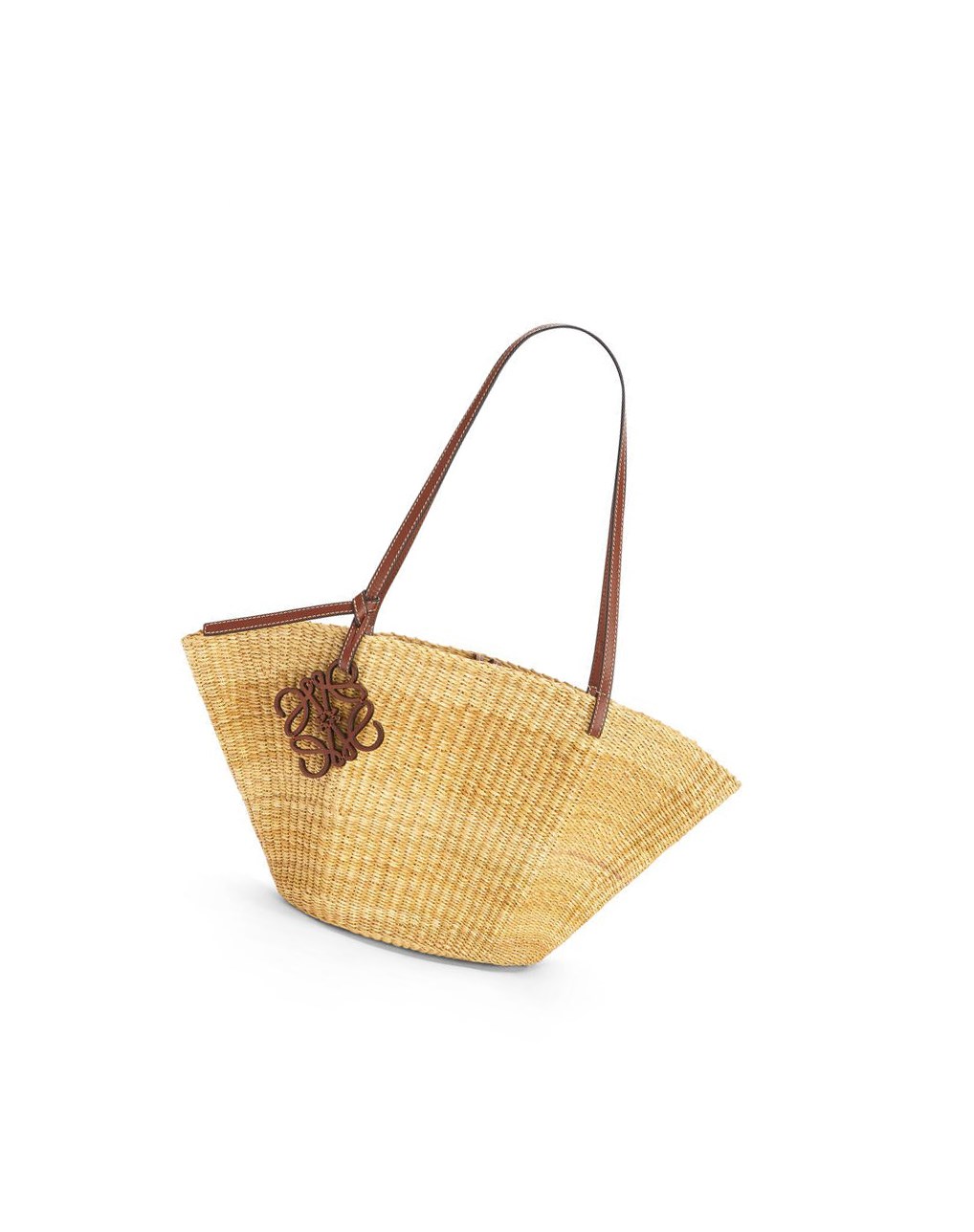 Loewe Shell Basket bag in elephant grass and calfskin Natural / Pecan | HJLOC-0163