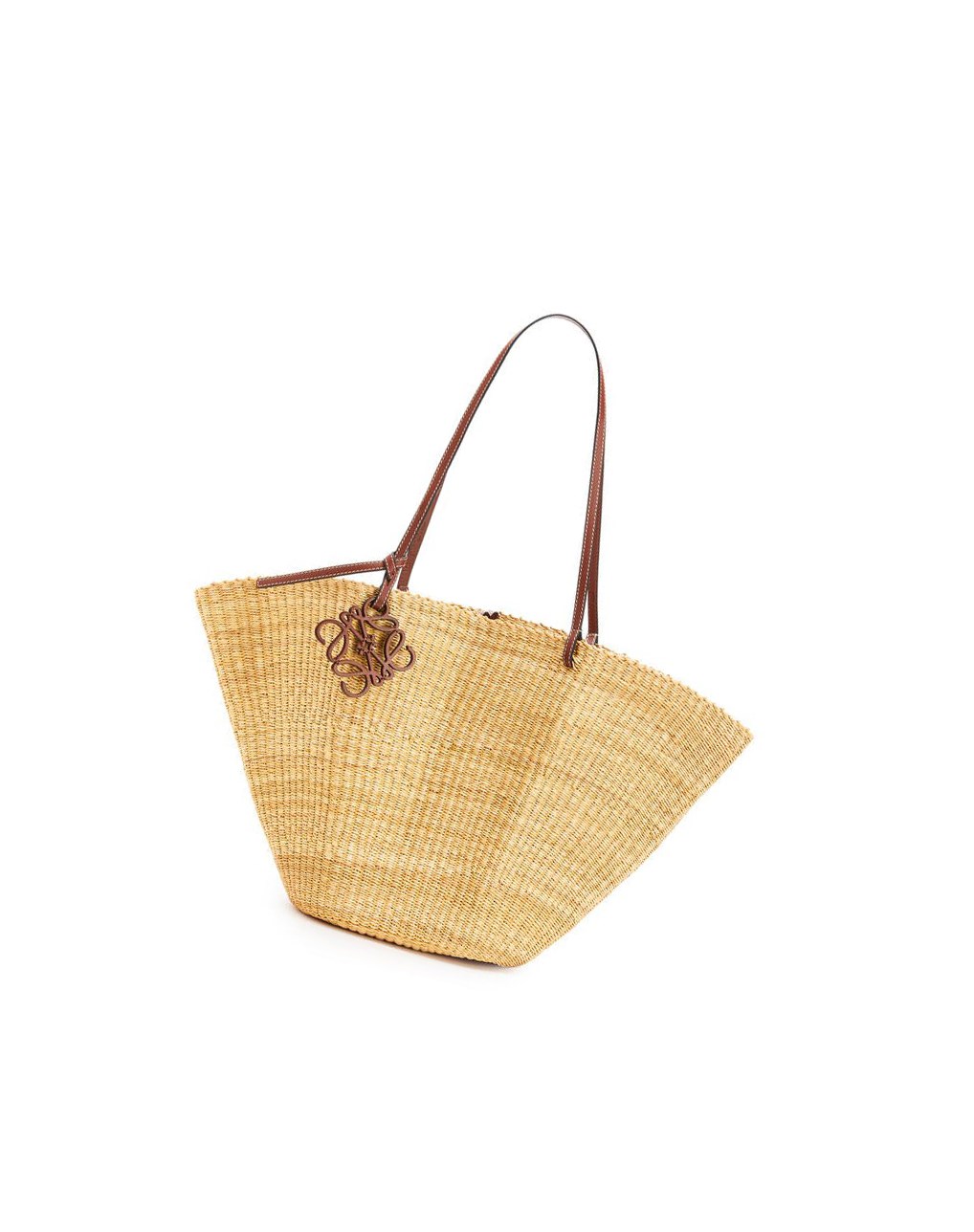 Loewe Shell Basket bag in elephant grass and calfskin Natural / Pecan | HJLOC-0163