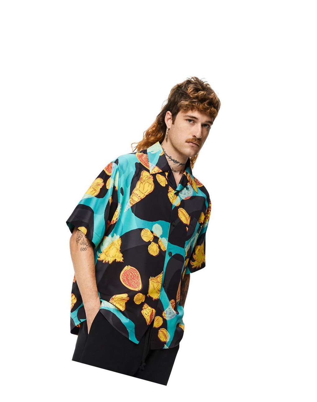 Loewe Shell print bowling shirt in silk Negros Turquesa | POWGL-1289