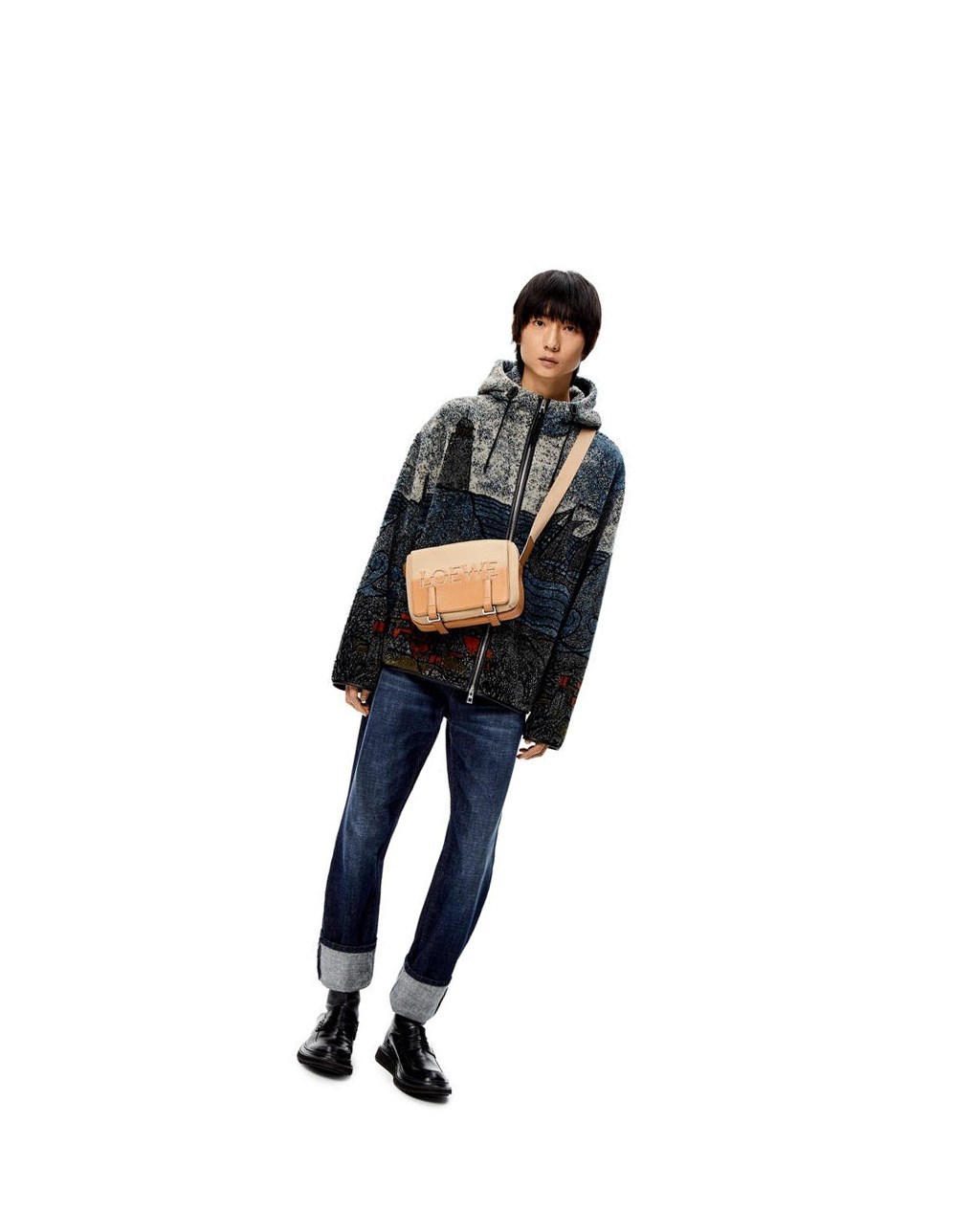 Loewe Signature XS Military messenger bag in canvas and classic calfskin Creta / Warm Desert | QZGAN-5049