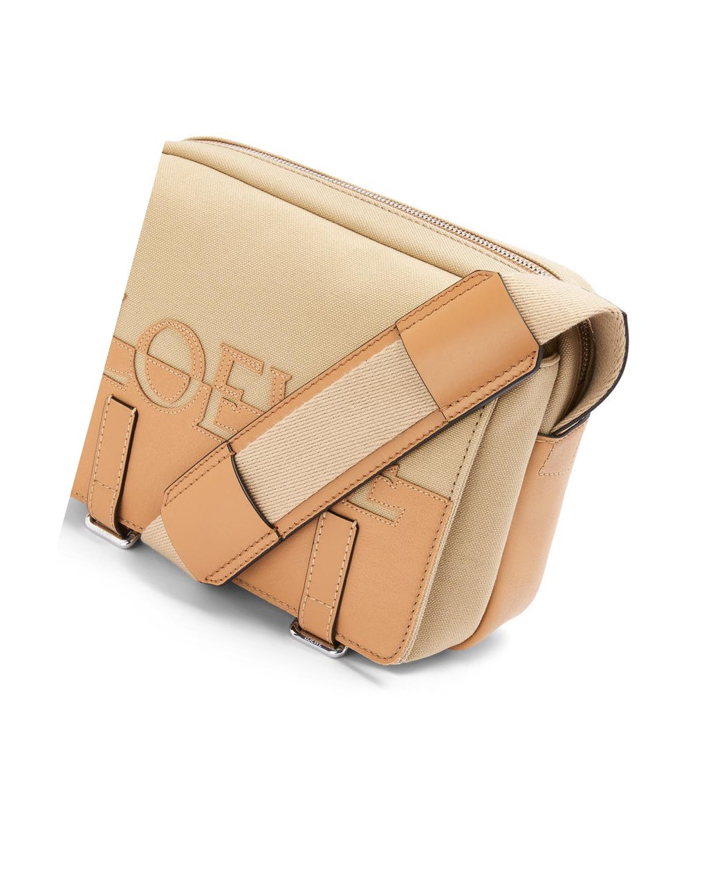 Loewe Signature XS Military messenger bag in canvas and classic calfskin Creta / Warm Desert | QZGAN-5049