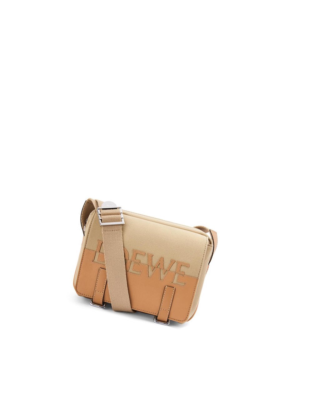 Loewe Signature XS Military messenger bag in canvas and classic calfskin Creta / Warm Desert | QZGAN-5049