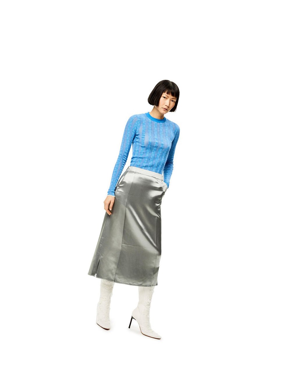 Loewe Slip midi skirt in satin Plateadas | RMFOU-0623
