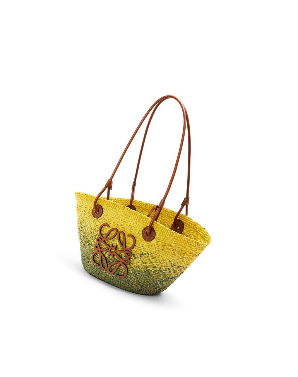 Loewe Small Anagram Basket bag in iraca palm and calfskin Kaki Verdes Amarillos | BYVEC-2508
