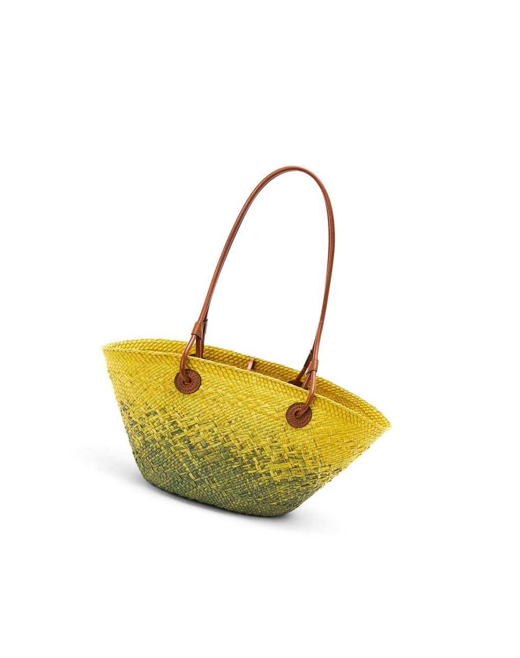 Loewe Small Anagram Basket bag in iraca palm and calfskin Kaki Verdes Amarillos | BYVEC-2508
