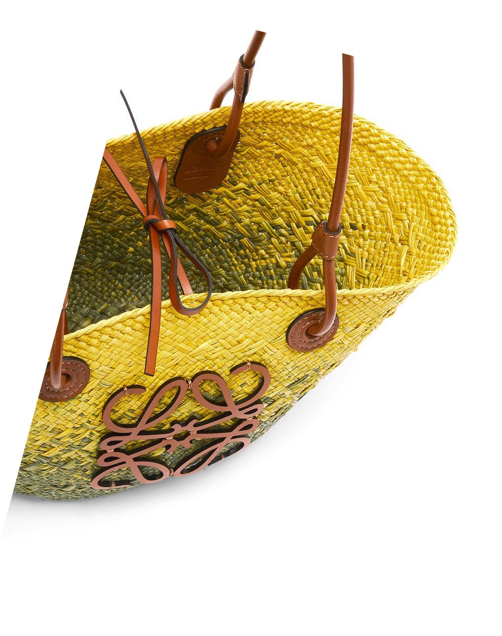 Loewe Small Anagram Basket bag in iraca palm and calfskin Kaki Verdes Amarillos | BYVEC-2508