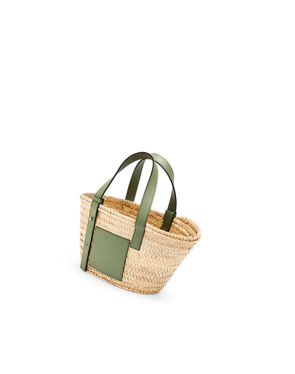 Loewe Small Basket bag in palm leaf and calfskin Natural / Rosemary | THISM-6438