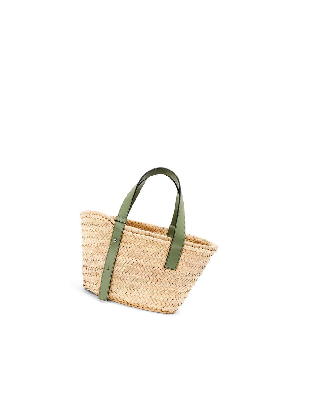 Loewe Small Basket bag in palm leaf and calfskin Natural / Rosemary | THISM-6438