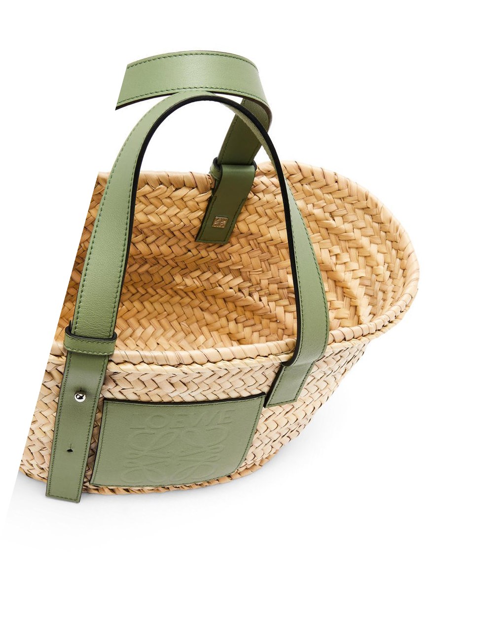 Loewe Small Basket bag in palm leaf and calfskin Natural / Rosemary | THISM-6438
