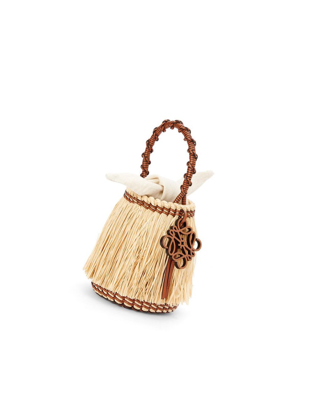 Loewe Small Frayed Bucket bag in raffia and calfskin Natural / Tan | PGXIF-0438