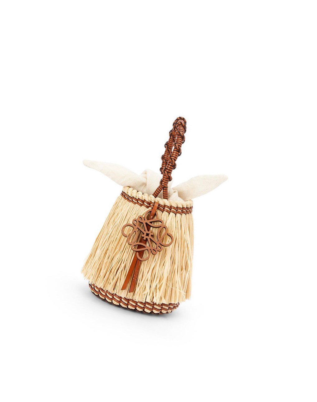 Loewe Small Frayed Bucket bag in raffia and calfskin Natural / Tan | PGXIF-0438