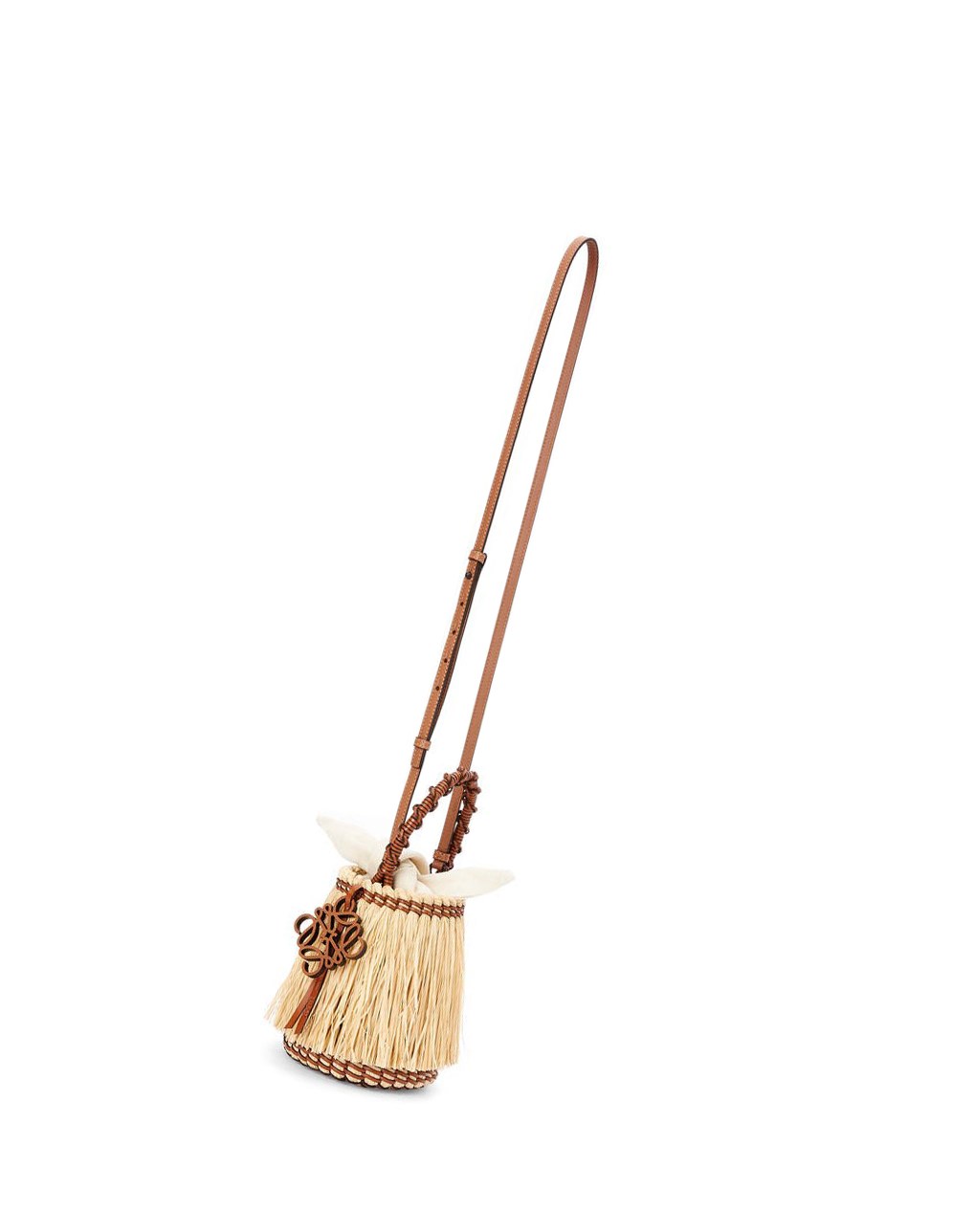 Loewe Small Frayed Bucket bag in raffia and calfskin Natural / Tan | PGXIF-0438