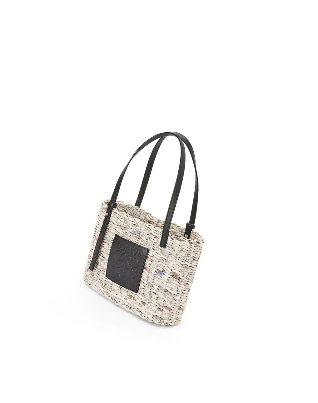 Loewe Small Newspaper Square Basket bag in paper and calfskin Negros Multicolor | NWTVS-1607