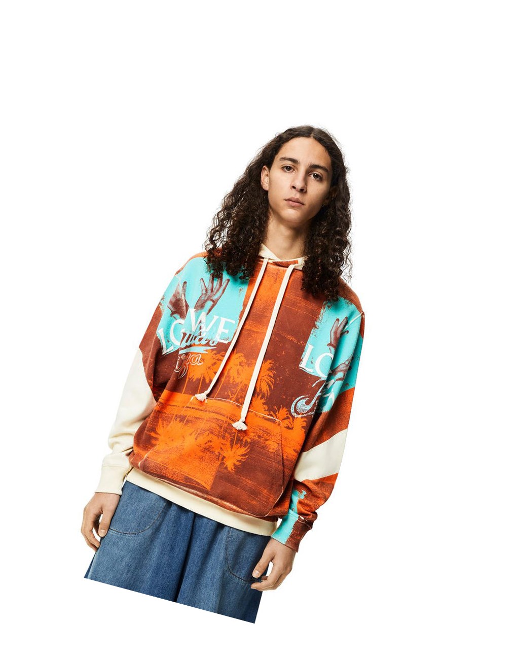 Loewe Tropical hands print hoodie in polyester Blancos Marrom | DXBLJ-9702