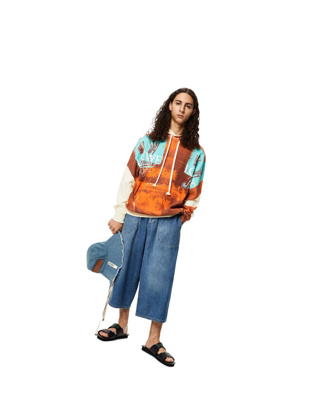 Loewe Tropical hands print hoodie in polyester Blancos Marrom | DXBLJ-9702