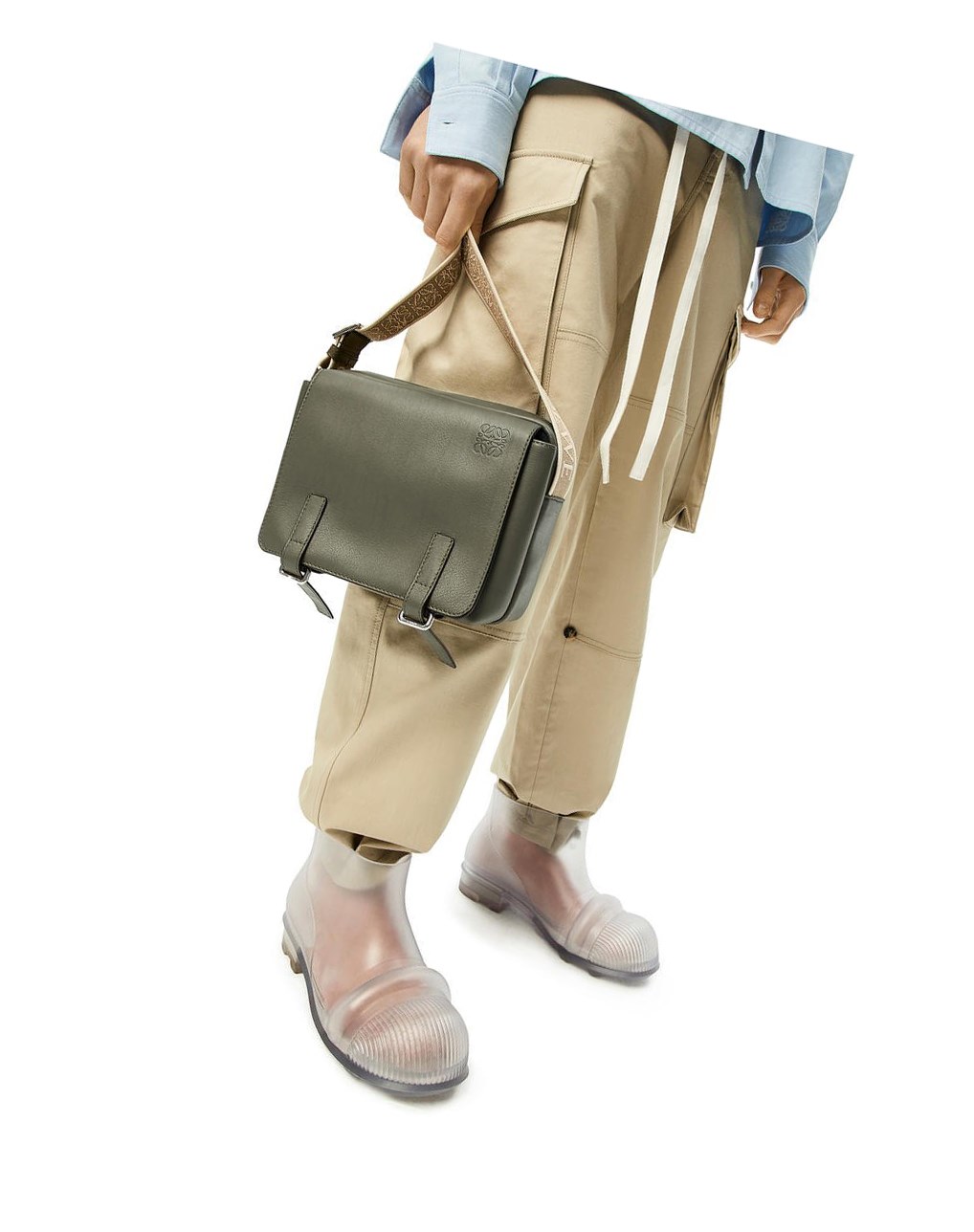 Loewe XS Military messenger bag in supple smooth calfskin and jacquard Kaki Verdes | ONPLT-6924