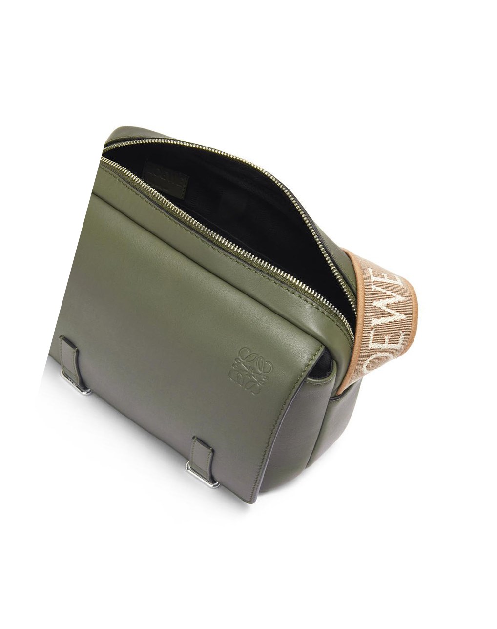 Loewe XS Military messenger bag in supple smooth calfskin and jacquard Kaki Verdes | ONPLT-6924