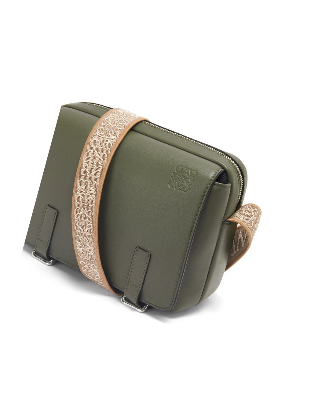 Loewe XS Military messenger bag in supple smooth calfskin and jacquard Kaki Verdes | ONPLT-6924