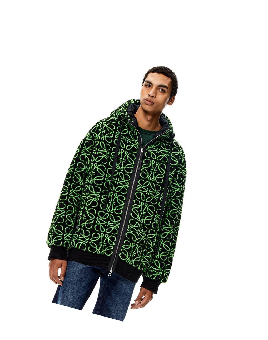 Loewe Zip-up parka in Anagram jacquard fleece Verdes Negros | VMKIS-4015