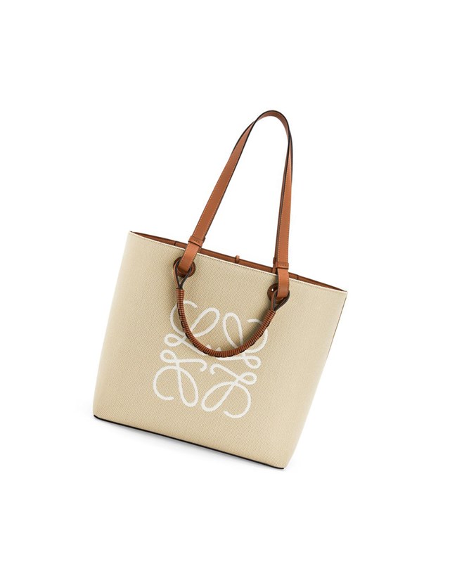 Loewe Anagram Tote bag in jacquard and calfskin Ecru / Tan | LJGOB-3108