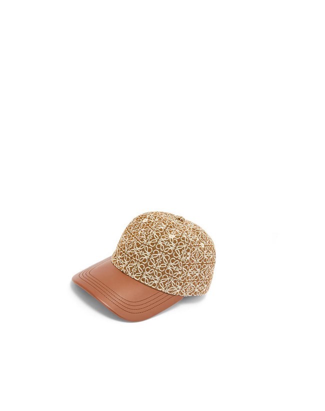 Loewe Anagram cap in jacquard and calfskin Tan / Pecan | LDMOT-3675