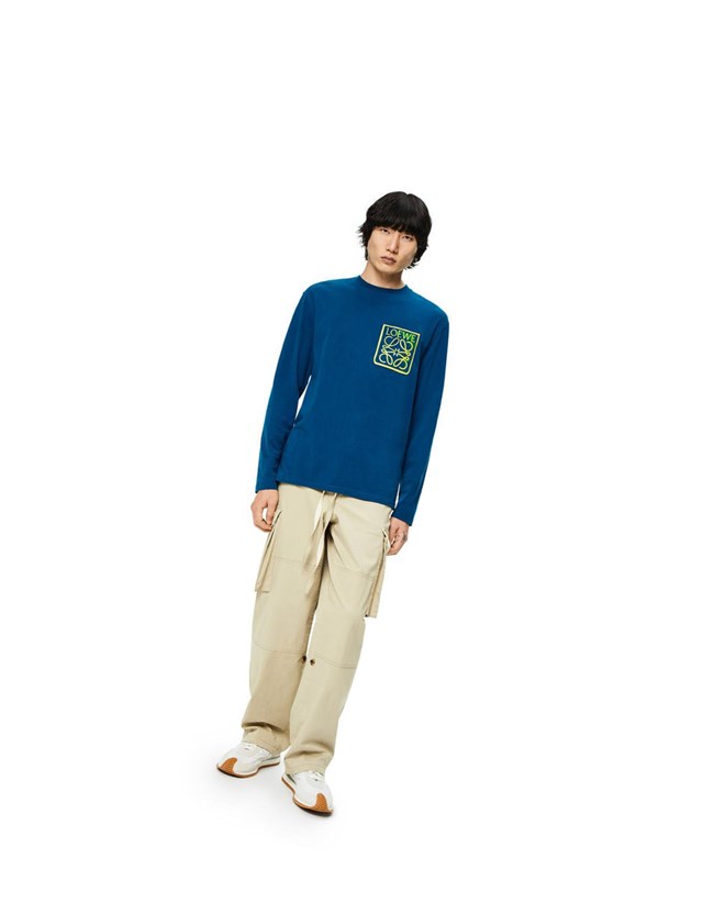 Loewe Anagram fake pocket long sleeve T-shirt in cotton Petroleum | VEUMP-5283