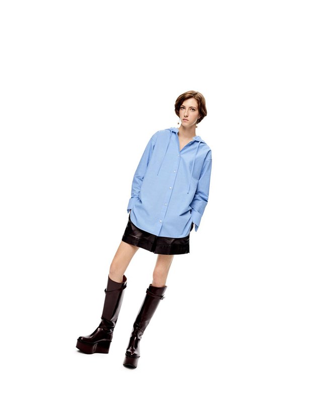 Loewe Anagram jacquard hooded shirt in cotton Azules | JCMTK-9356