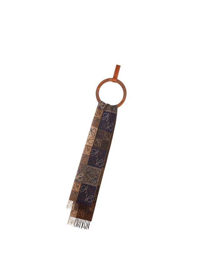 Loewe Anagram scarf in wool and cashmere Azul Marino Marrom | RNBHE-9318