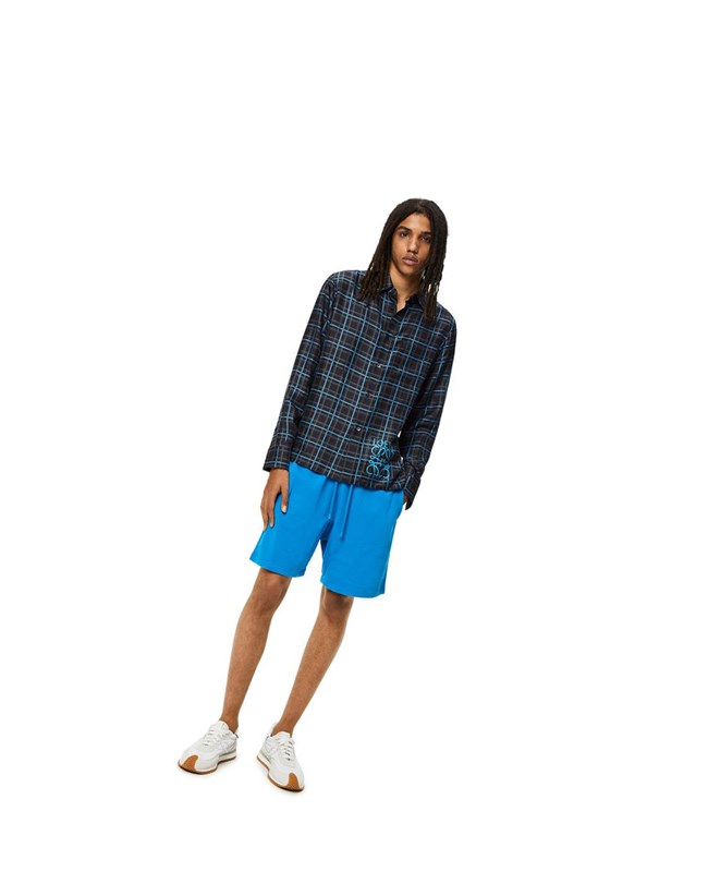Loewe Anagram stamp check shirt in silk and cotton Grises Oscuro Azules | FSOWT-6052