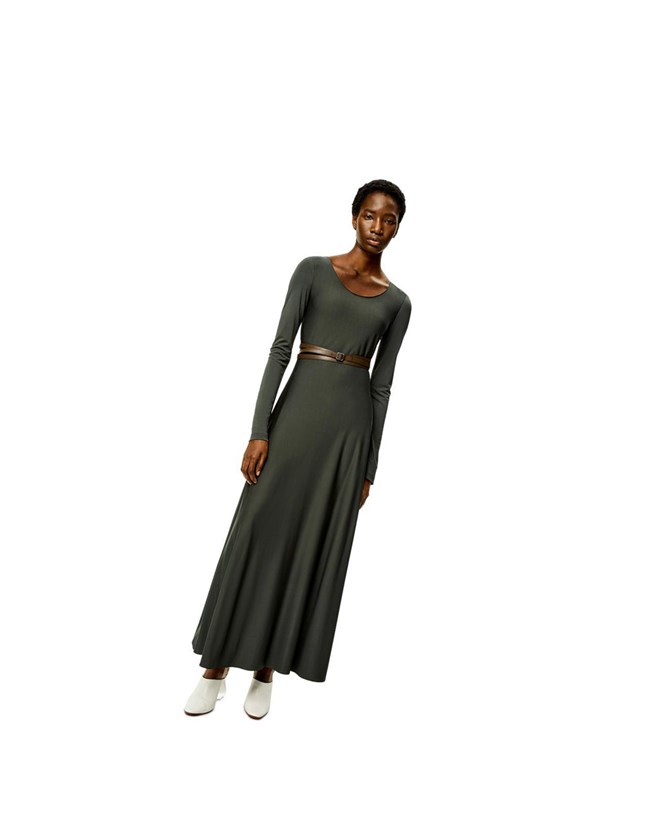 Loewe Belted midi dress in viscose Kaki | OUMCR-3485