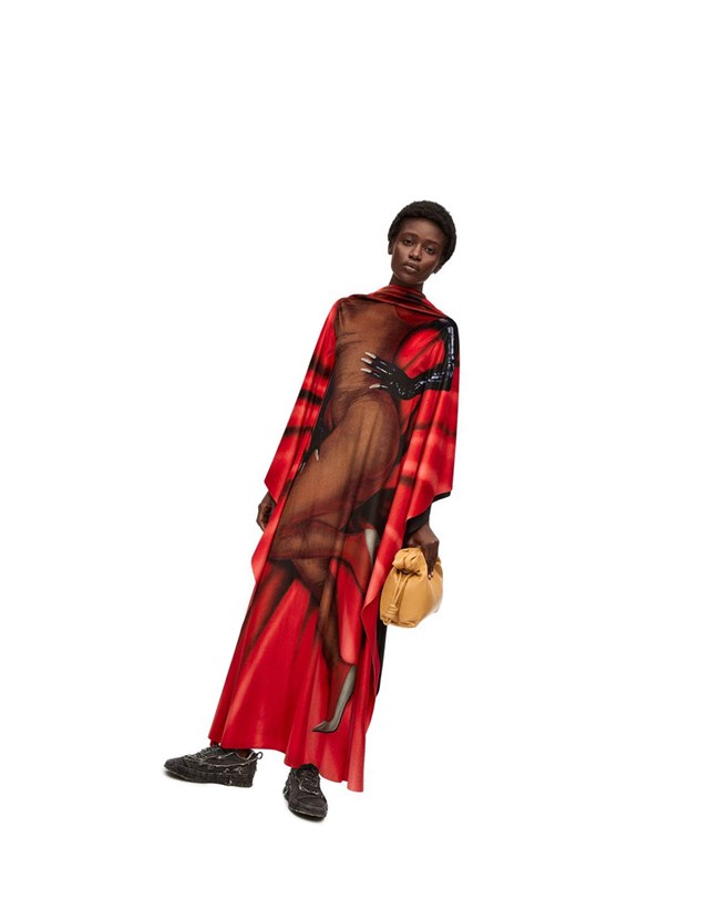 Loewe Body print kaftan dress in velvet Rojos | PDKSI-1563