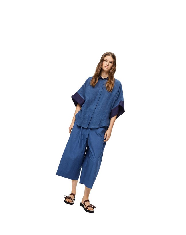 Loewe Corta sleeve blouse in linen Azules | XDZRQ-2057