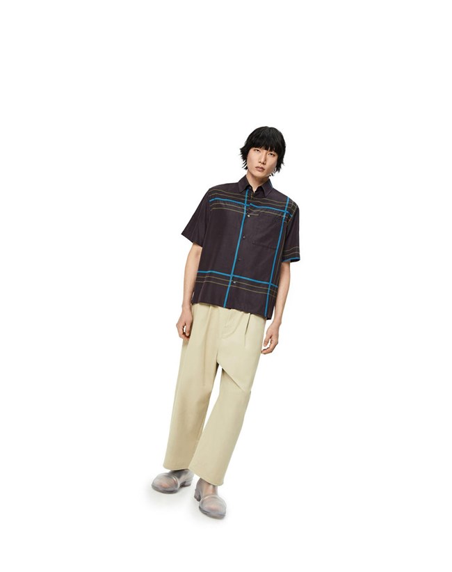 Loewe Corta sleeve check shirt in silk and cotton Grises Oscuro Azules | DFTOH-8253