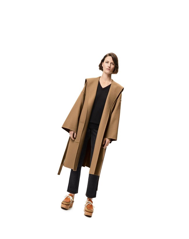 Loewe Encapuchado belted coat in wool and cashmere Camel | EHCSD-7640