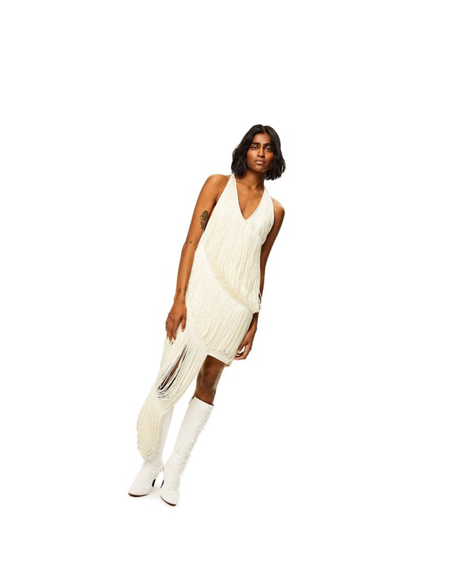 Loewe Fringed dress in silk Ecru | DEHQT-7314