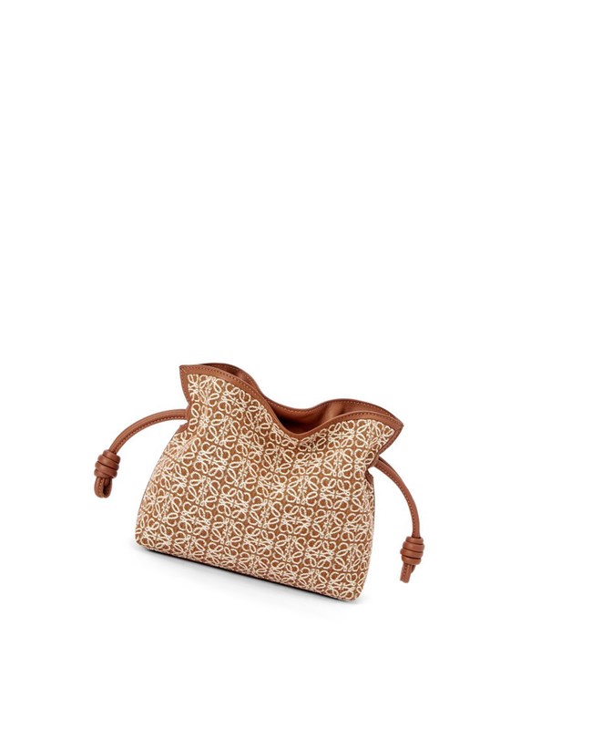 Loewe Mini Flamenco clutch in Anagram jacquard and calfskin Tan / Pecan | IFSXG-0792