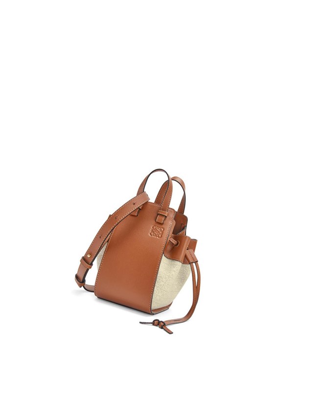 Loewe Mini Hammock drawstring bag in Anagram jacquard and calfskin Ecru / Tan | KUHNL-0436