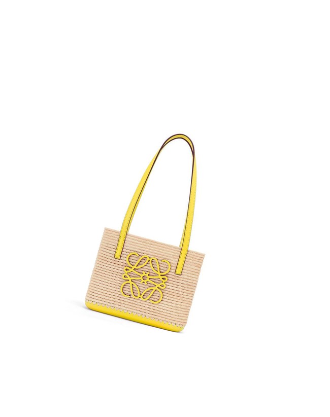 Loewe Mini Square Basket bag in raffia and calfskin Azules | DMACK-2958
