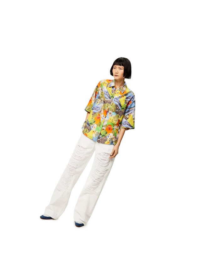 Loewe Parrots print shirt in silk Naranjas Azules Amarillos | QVKSP-8527