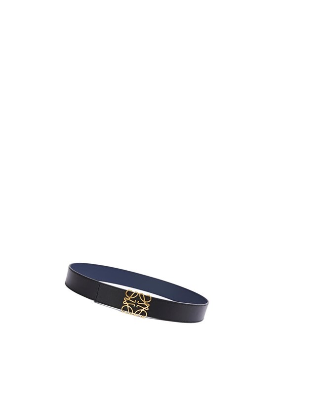 Loewe Reversible Anagram belt in smooth calfskin and brass Negros Azul Marino Dorados | TQKSH-5378
