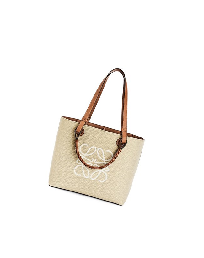 Loewe Small Anagram Tote bag in jacquard and calfskin Ecru / Tan | RQILZ-7480