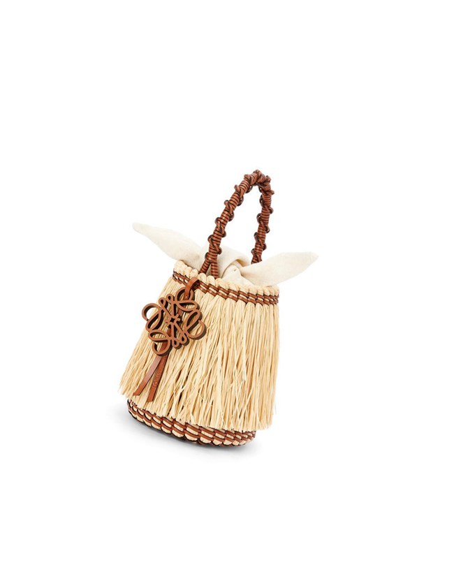 Loewe Small Frayed Bucket bag in raffia and calfskin Natural / Tan | PGXIF-0438