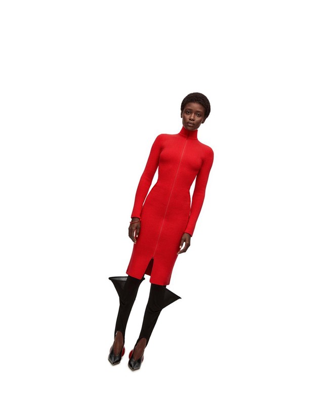 Loewe Zip up midi dress in wool Vermillion | OFIPG-8390